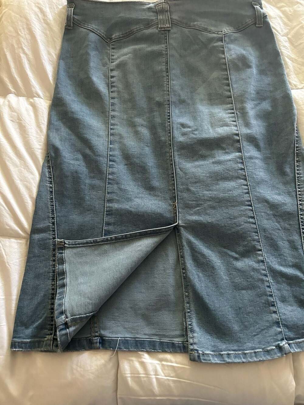Inspire Chic Women's High-Waisted Blue Denim Pencil Skirt with Back Slit - Picture 5 of 11